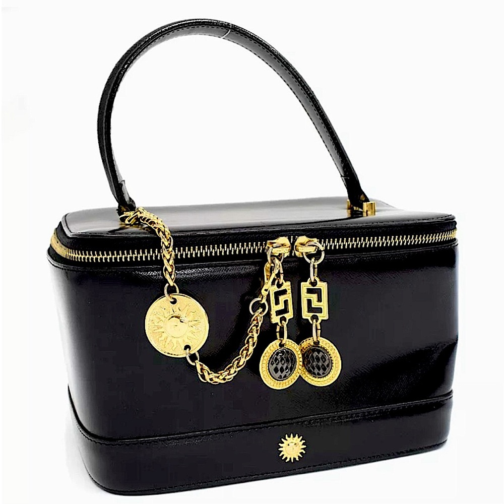 Authentic VERSACE Sunburst Vanity Top Handle Cosmetic Bag Black Patent Leather